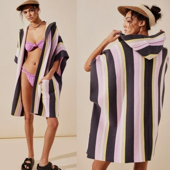 New Free People All I Need Stripe Hooded Poncho Swim Beach Cover-Up One Size - Picture 1 of 14